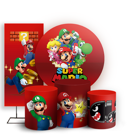 Capas Painel Redondo Trio Cilindro e Faixa Lateral Sublimado - Super Mario