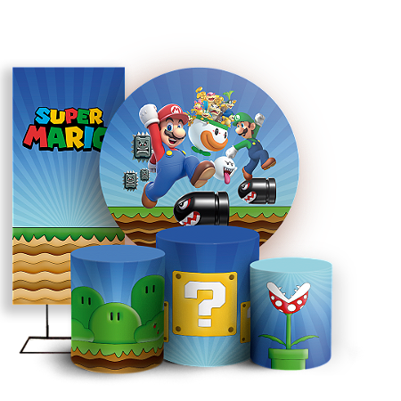 Capas Painel Redondo Trio Cilindro e Faixa Lateral Sublimado - Super Mario