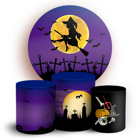 Capas Painel Redondo e Trio Cilindro Sublimado - Dia das Bruxas Halloween