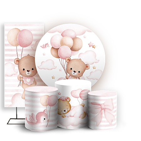 Capas Painel Redondo Trio Cilindro e Faixa Lateral Sublimado - Ursinha Rosa