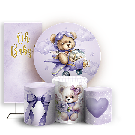 Capas Painel Redondo Trio Cilindro e Faixa Lateral Sublimado - Ursinha Lilás