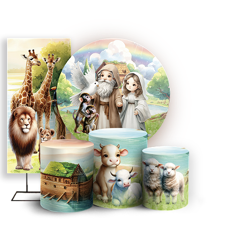 Capas Painel Redondo Trio Cilindro e Faixa Lateral Sublimado - Arca de Noé