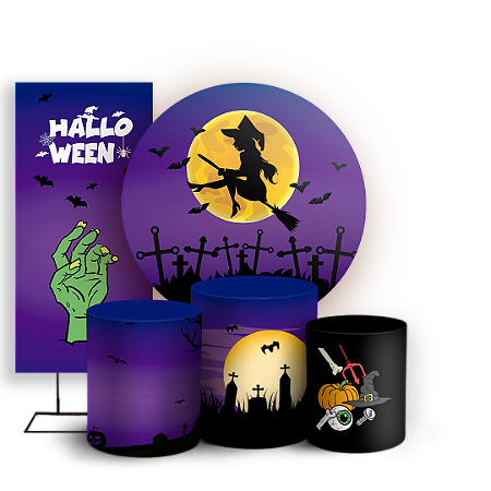 Capas Painel Redondo Trio Cilindro e Faixa Lateral Sublimado - Dia das Bruxas Halloween