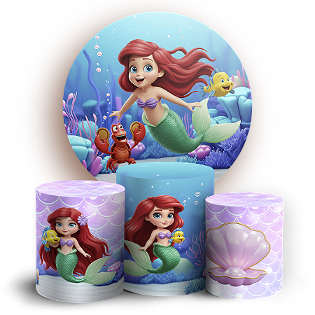Capas Painel Redondo e Trio Cilindro Sublimado - Princesa Ariel Pequena Sereia