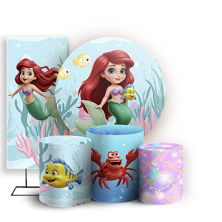 Capas Painel Redondo Trio Cilindro e Faixa Lateral Sublimado - Princesa Ariel Pequena Sereia