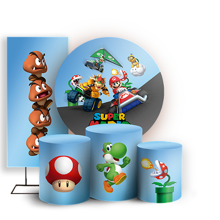 Capas Painel Redondo Trio Cilindro e Faixa Lateral Sublimado - Super Mario