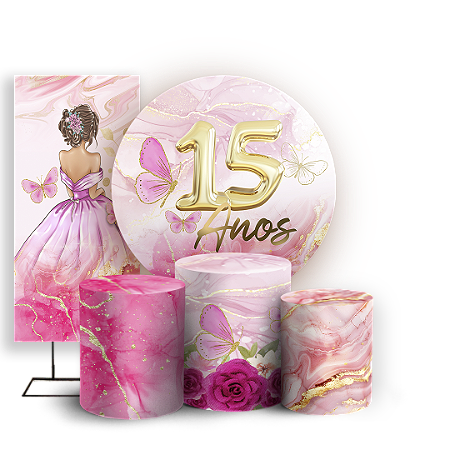 Capas Painel Redondo Trio Cilindro e Faixa Lateral Sublimado - 15 Anos