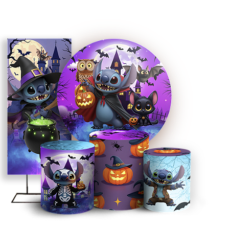 Capas Painel Redondo Trio Cilindro e Faixa Lateral Sublimado - Stitch Halloween