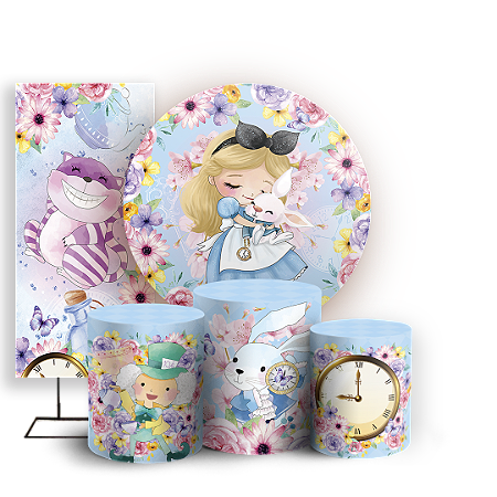 Capas Painel Redondo Trio Cilindro e Faixa Lateral Sublimado - Alice no País das Maravilhas