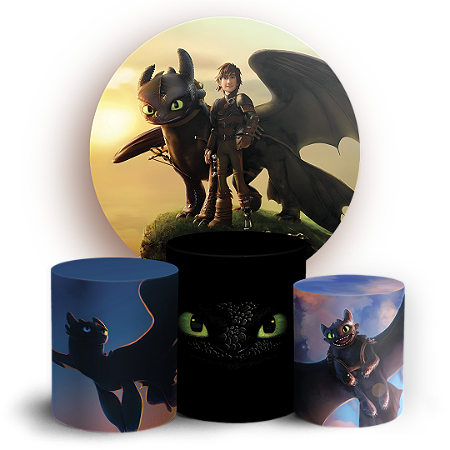 Capas Painel Redondo e Trio Cilindro Sublimado - Como Treinar Seu Dragão