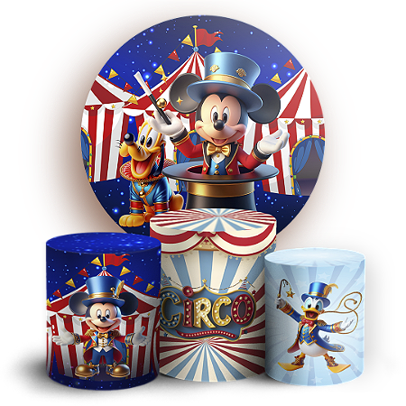 Capas Painel Redondo e Trio Cilindro Sublimado - Mickey E Minnie Circo