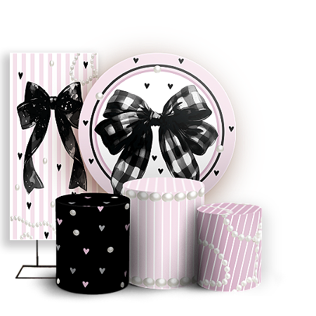 Capas Painel Redondo Trio Cilindro e Faixa Lateral Sublimado - Laços-Rosa-E-Preto