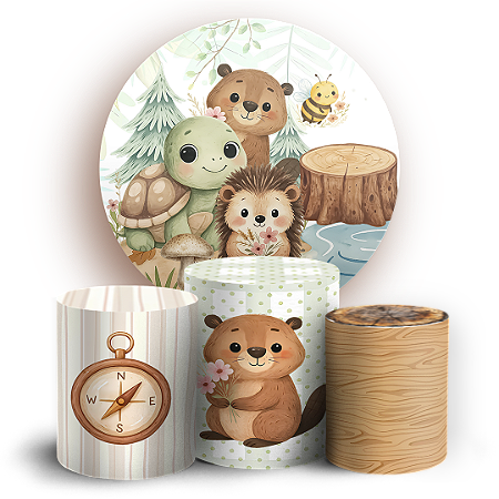 Capas Painel Redondo e Trio Cilindro Sublimado - Animais Bosque