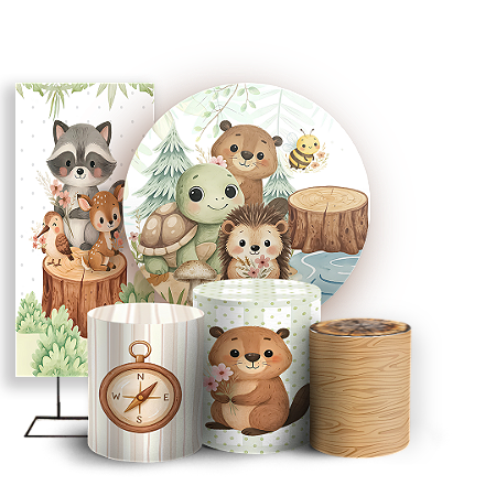 Capas Painel Redondo Trio Cilindro e Faixa Lateral Sublimado - Animais Bosque