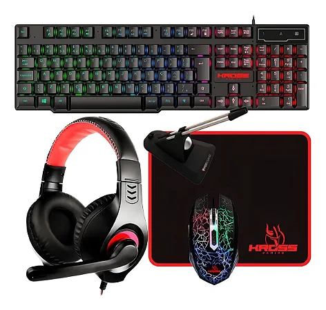 Kit Gamer Kross 5 em 1 - Mouse + Teclado + Mouse Pad + Headset e Mouse Bungee, USB, LED, Iluminação Rainbow - KE-GK5150