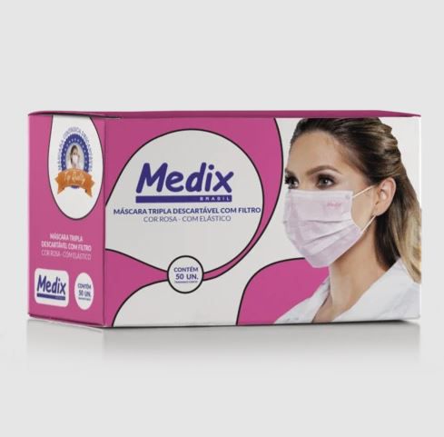Máscara Descartável Tripla Rosa Caixa C/50 Unidades - Medix