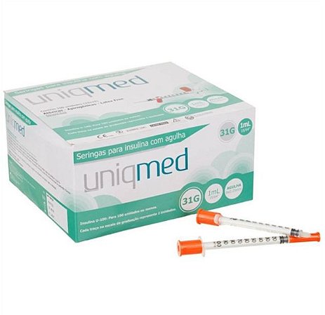 Seringa de Insulina 01ml 31G com Agulha 6 x 0,25mm Caixa C/100 Un - Uniqmed  - Cirúrgica Salutar | Produtos Hospitalares