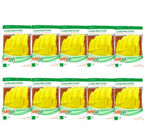 Kit C/10 Pares de Luvas de Látex Multiuso Amarela para Limpeza 01 Par Tamanho (G) - MBlife