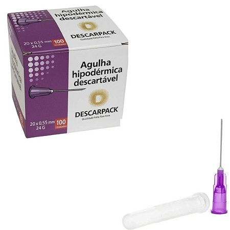 Agulha Hipodérmica Descartável 20x0,55mm (24g) Caixa C/100 Unidades - Descarpack