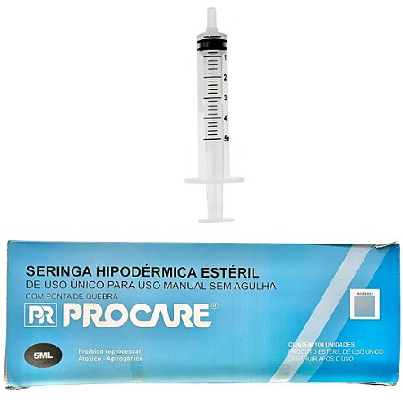 Seringa Hipodérmica 5ml Luer Slip (Liso) Caixa C/100 Unidades - Procare