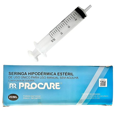 Seringa Hipodérmica 20ml Luer Slip (Liso) Caixa C/50 Unidades - Procare