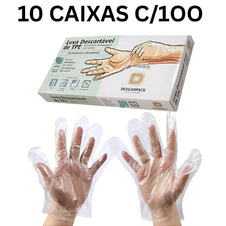 Kit C/10 Caixas (1.000) Luvas Plástica TPE Transparente S/Pó Tamanho: M - Descarpack