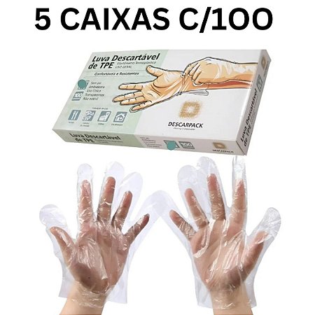 Kit C/5 Caixas (500) Luvas Plástica TPE Transparente S/Pó Tamanho: M - Descarpack