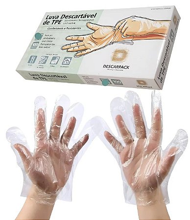 Luva Plástica TPE Transparente S/Pó Tamanho: P Caixa C/100 Unidades - Descarpack