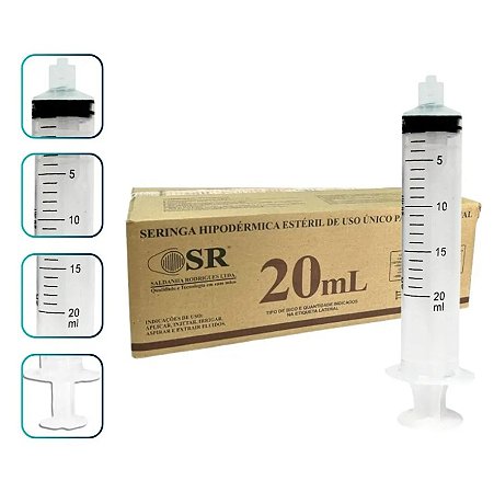 Seringa Descartável 20ml Luer Lock (Lock) Sem Agulha Caixa C/250 Unidades - SR