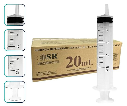 Seringa Descartável 20ml Luer Slip  (Liso) Sem Agulha Caixa C/250 Unidades - SR
