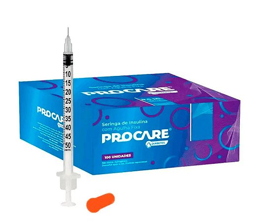Caixa C/100 Seringas de Insulina 0,5ml (50ui) C/Agulha Fixa 8 x 0,30mm (30g) Procare