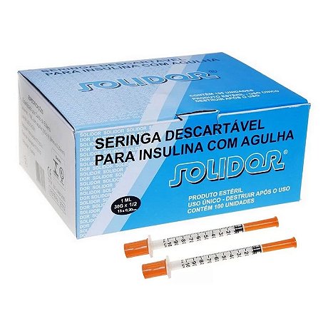Caixa C/100 Unidades de Seringas Insulina 1ml Com Agulha Fixa 13 x 0,30mm (30g) - Solidor