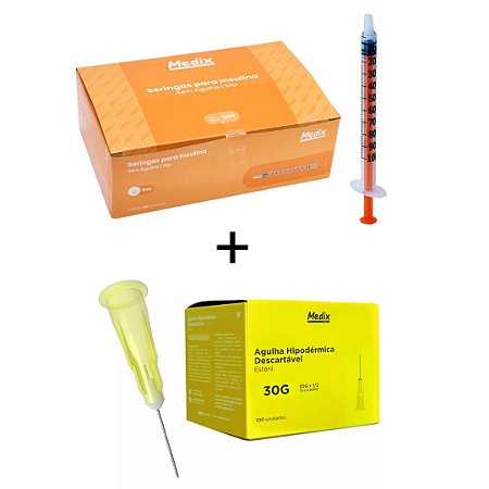 Kit C/100 Seringas de Insulina 1ml Slip + 100 Agulhas 13 x 0,30mm (30g) - Medix