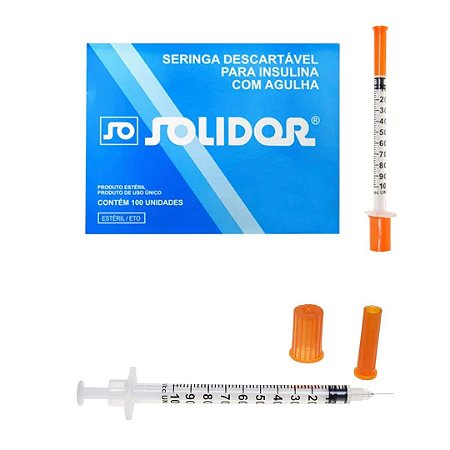 Caixa C/100 Seringas de Insulina 1ml (100ui) C/Agulha Fixa 8 x 0,30mm - Solidor
