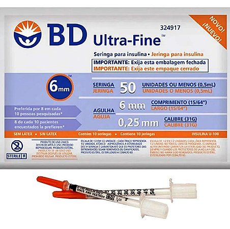 Pacote C/10 Seringas 0,5ml (50ui) Agulha Fixa 6mm x 0,25mm Ultra Fine - BD