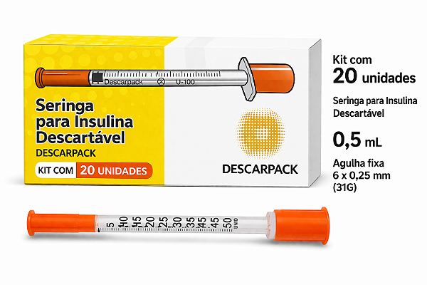 Kit C/20 Seringas de Insulina 0,5ml Agulha Fixa 6 x 0,25mm (31g) - Descarpack