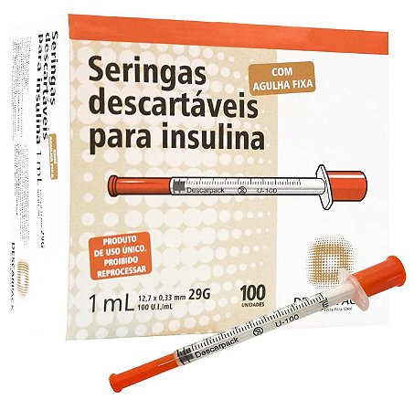 Caixa C/100 Unidades de Seringa de Insulina 1ml 100UI C/Agulha Fixa 12,7 x 0,33mm (29g) - Descarpack