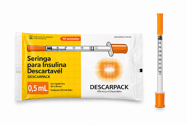 Pacote C/10 Seringas de Insulina 0,5ml Agulha Fixa 8 x 0,30mm (30g) - Descarpack