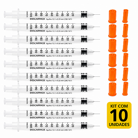 Kit C/10 Seringas de Insulina 1ml 100UI C/Agulha Fixa 12,7 x 0,33mm (29g) - Descarpack
