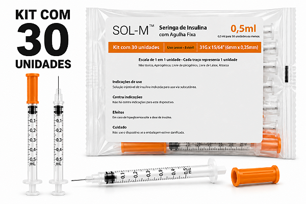 Pacote C/30 Seringas de Insulina 0,5ml Agulha Fixa 6mm x 0,25mm (31g) - Sol-Millennium