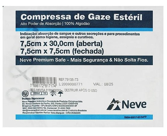 Compressa de Gaze Estéril Tipo Croche 7,5 X 7,5cm 13 Fios C/10 unidades - Neve