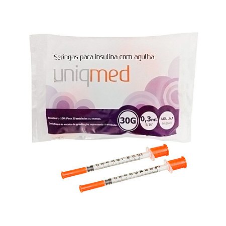 Seringa de Insulina 03ml com Agulha 8mm x 0,30mm Pacote C/10 Unid - Uniqmed