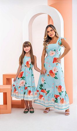 Vestidos florais femininos para mãe e filha, vestido igual, roupas