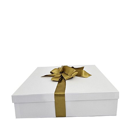 Caixa de Presente 35x35x10 Cartonada Branca Laço Dourado