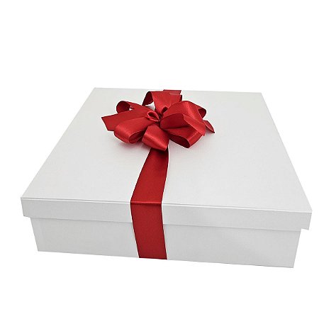 Caixa de Presente 35x35x10 Cartonada Branca Laço Vermelho