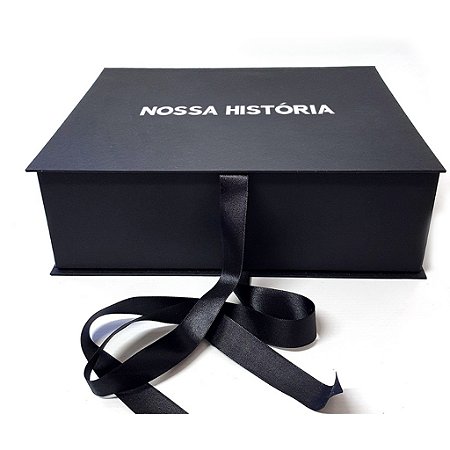 Caixa de Presente 23x16x7 Modelo Livro Preta Mensagem Nossa Historia