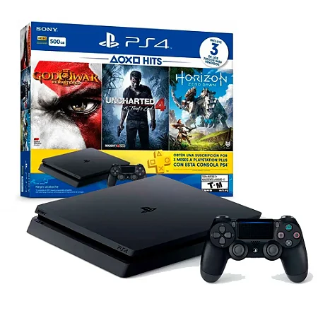 Console PS4 Slim 500GB + Jogo PS4 Uncharted 4 + Jogo PS4 Good of War III | Na Caixa - Sony