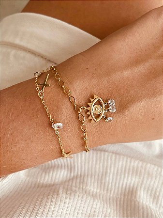 Pulseira de Cruz e Gotas de Zircônias Banhada a Ouro 18k