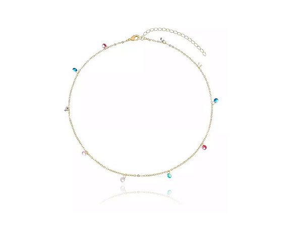 Colar Choker com Zircônias Coloridas Banhada a Ouro 18k