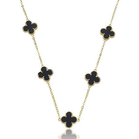 Colar Longo Trevo Preto inspiração Virginia Banhado a Ouro 18k